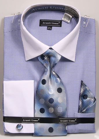 Avanti Uomo Men's DN74M Blue Herringbone Cotton Dress Shirt Tie Set