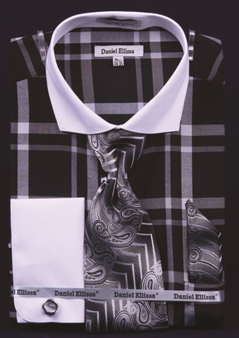 Daniel & Ellisa DS3771P2 Men's Checker Pattern French Cuff Shirts with Cuff Links