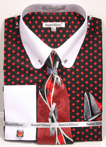 Daniel Ellissa Black/Red Polka Dot Shirt with Tie  Cufflinks and Collar Bar DS3791P2